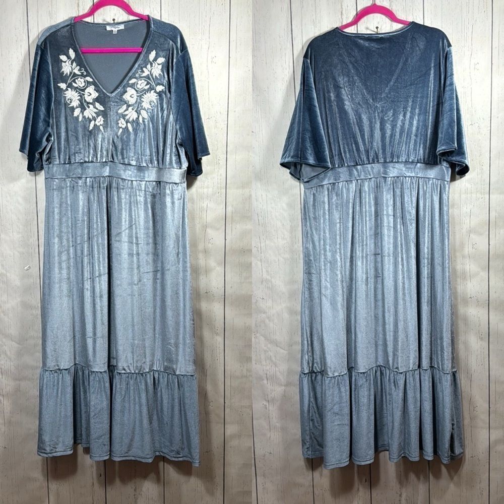Palagram Plus Size 3XL Velvet Maxi Dress Embroidered Boho Gray Tiered Whimsigoth
